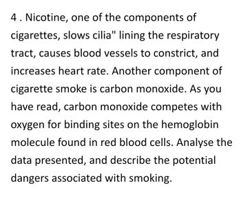 4. Nicotine, one of the components of
cigarettes, slows cilia" lining the respiratory
tract, causes blood vessels to constrict, and
increases heart rate. Another component of
cigarette smoke is carbon monoxide. As you
have read, carbon monoxide competes with
oxygen for binding sites on the hemoglobin
molecule found in red blood cells. Analyse the
data presented, and describe the potential
dangers associated with smoking.