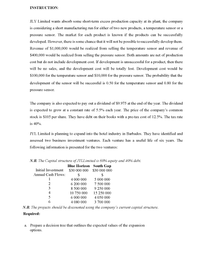 INSTRUCTION:
JLY Limited wants absorb some short-term excess production capacity at its plant, the company
is considering a short manufacturing run for either of two new products, a temperature sensor or a
pressure sensor. The market for each product is known if the products can be successfully
developed. However, there is some chance that it will not be possible to successfully develop them.
Revenue of $1,000,000 would be realized from selling the temperature sensor and revenue of
$400,000 would be realized from selling the pressure sensor. Both amounts are net of production
cost but do not include development cost. If development is unsuccessful for a product, then there
will be no sales, and the development cost will be totally lost. Development cost would be
$100,000 for the temperature sensor and $10,000 for the pressure sensor. The probability that the
development of the sensor will be successful is 0.50 for the temperature sensor and 0.80 for the
pressure sensor.
The company is also expected to pay out a dividend of $9.975 at the end of the year. The dividend
is expected to grow at a constant rate of 5.5% each year. The price of the company's common
stock is $105 per share. They have debt on their books with a pre-tax cost of 12.5%. The tax rate
is 40%.
JYL Limited is planning to expand into the hotel industry in Barbados. They have identified and
assessed two business investment ventures. Each venture has a useful life of six years. The
following information is presented for the two ventures:
N.B. The Capital structure of JYLLimited is 60% equity and 40% debt.
Blue Horizon South Gap
$30 000 000
2$
5 000 000
7 500 000
9 250 000
Initial Investment
$30 000 000
Annual Cash Flows:
$
1
4 000 000
2
6 200 000
3
8 500 000
4
10 750 000
15 250 000
5
6 000 000
4 050 000
6.
4 080 000
3 700 000
N.B. The projects should be discounted using the company's current capital structure.
Required:
a. Prepare a decision tree that outlines the expected values of the expansion
options.
