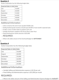 Question 3
Syntex Corporation has the following budget data:
Expected Sales in Units Units
July
August
September
October
November
December
53,000
60,000
55,000
62,000
58,000
64,000
Additional Information:
• Units on hand at the end of June equaled 20,000 units
· Ending finished goods inventory should equal 20.00% of next month's expected sales
• It takes 1 hours of direct labor to produce each unit
• Variable Overhead is applied at $2.50 per Direct Labor Hour
• Fixed Overhead per month amounts to $25,000
. REQUIRED:
• What is the dollar amount of the Overhead Budget for SEPTEMBER?
Question 4
Syntex Corporation has the following budget data:
Expected Sales in Units Units
July
August
September
October
53,000
60,000
55,000
62,000
November
December
58,000
64,000
Additional Information:
• Variable Selling and Administrative expense is $2.20 per unit
• Fixed Selling and Administrative expense is $51,000 per month
REQUIRED:
• What is the dollar amount of the Selling and Administrative Expense Budget for AUGUST?
