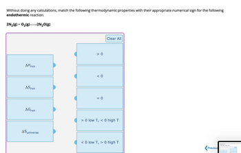 Without doing any calculations, match the following thermodynamic properties with their appropriate numerical sign for the following
endothermic reaction.
2N₂(g) + O₂(g) →>2N₂O(g)
AHrxn
ASrxn
AGrxn
Suniverse
> 0
<0
= 0
Clear All
> 0 low T, < 0 high T
< 0 low T, > 0 high T
Previous