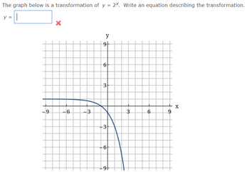 The graph below is a transformation of y = 2X. Write an equation describing the transformation.
||
y =
-9
X
-6
-3
y
9+
6
3
-3
6
+9+
3
6
9
X