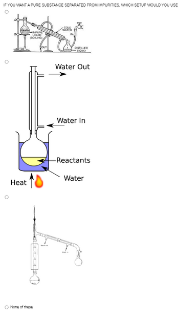 IF YOU WANT A PURE SUBSTANCE SEPARATED FROM IMPURITIES, WHICH SETUP WOULD YOU USE
Heat
IMPURE
LIQUID
(BOILING)
O None of these
OUT
-COLD
WATER
DISTILLED
LIQUID
Water Out
Water In
-Reactants
Water
wa