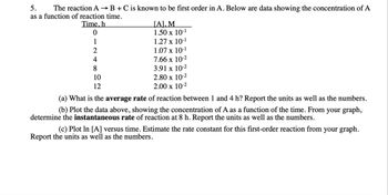 5.
The reaction A →→ B + C is known to be first order in A. Below are data showing the concentration of A
as a function of reaction time.
Time, h
0
1
2
4
8
10
12
[A]. M
1.50 x 10-¹
1.27 x 10-1
1.07 x 10-1
7.66 x 10-²
3.91 x 10-²
2.80 x 10-2
2.00 x 10-2
(a) What is the average rate of reaction between 1 and 4 h? Report the units as well as the numbers.
(b) Plot the data above, showing the concentration of A as a function of the time. From your graph,
determine the instantaneous rate of reaction at 8 h. Report the units as well as the numbers.
(c) Plot In [A] versus time. Estimate the rate constant for this first-order reaction from your graph.
Report the units as well as the numbers.