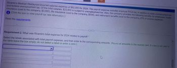 Ricardo's Mexican Restaurant incurred salaries expense of $62,000 for 2024. The payroll expense includes employer FICA fax, in addition to state unemployment tax
and federal unemployment tax. Of the total salaries $22,000 is subject to unemployment tax. Also, the company provides the following benefits for employees health
insurance (cost to the company, $3,000), life insurance (cost to the company, $330), and retirement benefits (cost to the company 10% of salaries expense)
(Click the icon to view payroll tax rate information.)
Read the requirements
Requirement 2. What was Ricardo's total expense for 2024 related to payroll?
Select the labels associated with total payroll expense, and then enter in the corresponding amounts. (Round all amounts to the nearest cent. If a box is not used in
the table leave the box empty; do not select a label or enter a zero.)