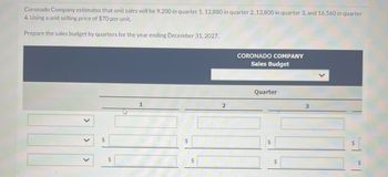 Coronado Company estimates that unit sales will be 9,200 in quarter 1, 12,880 in quarter 2, 13,800 in quarter 3, and 16,560 in quarter
4. Using a unit selling price of $70 per unit.
Prepare the sales budget by quarters for the year ending December 31, 2027.
$
$
1
$
$
CORONADO COMPANY
Sales Budget
2
Quarter
$
3
$
$ [
$