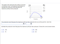 The graph to the right gives the profit as a function
of production level. Use graphical optimization to
estimate the production level that gives the
maximum profit per item produced.
f(x)A
300-
400
Production
The production level that gives the maximum profit per item produced will occur at the point for which the
is
Estimate the production level that gives the maximum profit per item produced. Choose the correct answer below.
A. 150
В. 350
О С. 75
O D. 50
Profit
