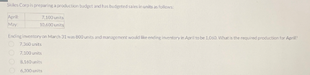 Skiles Corp is preparing a production budget and has budgeted sales in units as follows:
April:
May:
7,100 units
10,600 units
Ending inventory on March 31 was 800 units and management would like ending inventory in April to be 1,060. What is the required production for April?
7,360 units
7,100 units
8,160 units
6,300 units