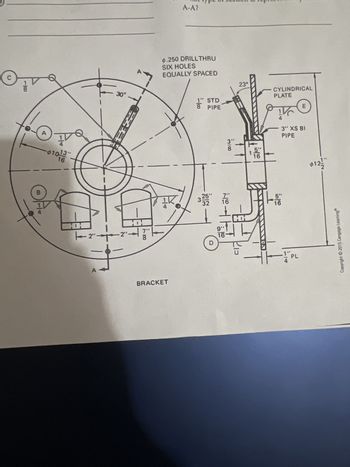 ### Technical Drawing Explanation

This diagram provides detailed instructions for constructing a mechanical assembly involving a bracket and pipe components. Below is a breakdown of the elements in the drawing:

#### Top View (Left Diagram):

1. **Central Hole**:
   - Diameter: `1 3/16"`
   - Has a `30°` angle marking.

2. **Surrounding Holes**:
   - Six equally spaced holes around the central circle.
   - Diameter: `0.250"` (to be drilled through).

3. **Large Outer Circle**:
   - Overall diameter: `ø10 13/16"`

4. **Annotations**:
   - Various labeled points (A, B, C, D) with dimension indicators.

#### Side View (Right Diagram):

1. **Cylindrical Plate**:
   - Overall height of assembly: `12 1/2"`
   - The main pipe: `ø3" XS BI PIPE`
   - It connects to a `1" 1/8 STD PIPE` at a `23°` angle.

2. **Dimensions**:
   - Lower section of the assembly: `5" 16/32`
   - Upper section: `3" 8/32`
   - Small extension: `1" 1/4 PL`

3. **Additional Notes**:
   - Various labels (E) with specific pipe segment dimensions.
   - A small inset view includes bracket dimensions emphasizing the connection points (1" 2/8").

This comprehensive diagram is especially useful for engineers and machinists tasked with fabricating and assembling the described parts. Each measurement and label plays a crucial role in ensuring the precision and functionality of the final product.