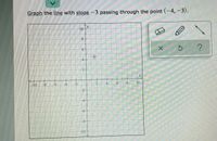 Title: Graphing a Line with a Given Slope and Point

Content:

To graph a line with a slope of -3 that passes through the point (-4, -3), follow these steps:

1. **Identify the Point**: Start by locating the point (-4, -3) on the graph. This is where your line will pass through.

2. **Understand the Slope**: The slope is -3, which means that for every 1 unit you move to the right along the x-axis, you will move 3 units down along the y-axis.

3. **Plot a Second Point Using the Slope**: From the point (-4, -3), move 1 unit to the right (to -3 on the x-axis) and 3 units down (to -6 on the y-axis). Mark this second point.

4. **Draw the Line**: Use a ruler to draw a line through these two points, extending it in both directions.

Visual Explanation:

The graph provided is a standard Cartesian coordinate system with x and y axes intersecting at origin (0,0). The grid allows accurate plotting of points and the slope.

Tools Available:

- **Eraser Icon**: To remove elements from the graph.
- **Pencil Icon**: To draw points or lines.
- **Line Tool**: To create straight lines between points.
- **Other Icons**: Include an undo function and help for assistance.

This exercise demonstrates how to graph a linear equation using a point-slope approach.