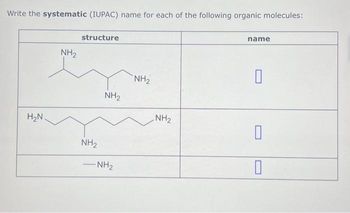 Write the systematic (IUPAC) name for each of the following organic molecules:
H₂N
NH₂
structure
NH₂
NH₂
NH₂
NH₂
NH₂
name
0