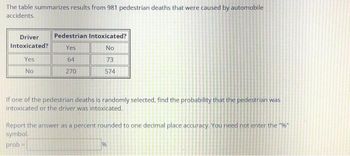 The table summarizes results from 981 pedestrian deaths that were caused by automobile
accidents.
Driver Pedestrian Intoxicated?
Intoxicated?
Yes
64
270
Yes
No
No
73
574
If one of the pedestrian deaths is randomly selected, find the probability that the pedestrian was
intoxicated or the driver was intoxicated.
Report the answer as a percent rounded to one decimal place accuracy. You need not enter the "%"
symbol.
prob
96