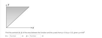 Find the centroid (x, y) of the area between the function and the y-axis from y = 0 to y = 3.3, given: y = 4-x5
x = Number
in
y= Number
in