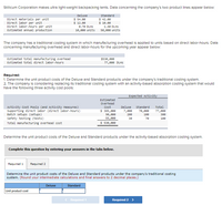 Stillicum Corporation makes ultra light-weight backpacking tents. Data concerning the company's two product lines appear below:
Deluxe
standard
$ 42.00
$ 10.00
Direct materials per unit
Direct labor per unit
Direct labor-hours per unit
Estimated annual production
$ 54.00
$ 12.00
e.70 DLHS
1.40 DLHS
10, e00 units
58, ee0 units
The company has a traditional costing system in which manufacturing overhead is applied to units based on direct labor-hours. Data
concerning manufacturing overhead and direct labor-hours for the upcoming year appear below:
Estimated total manufacturing overhead
Estimated total direct labor-hours
$530, 000
77,000 DLHS
Required:
1. Determine the unit product costs of the Deluxe and Standard products under the company's traditional costing system.
2. The company is considering replacing Its traditional costing system with an activity-based absorption costing system that would
have the following three activity cost pools:
Expected Activity
Estimated
Overhead
Activity Cost Pools (and Activity Measures)
Supporting direct labor (direct labor-hours)
Batch setups (setups)
Safety testing (tests)
Cost
$ 385, e00
9e, e00
55, e00
Deluxe
Standard
Total
7,000
70,000
77,000
200
100
300
30
70
100
Total manufacturing overhead cost
$ 530, 000
Determine the unit product costs of the Deluxe and Standard products under the activity-based absorption costing system.
Complete this question by entering your answers in the tabs below.
Required 1
Required 2
Determine the unit product costs of the Deluxe and Standard products under the company's traditional costing
system. (Round your intermediate calculations and final answers to 2 decimal places.)
Deluxe
Standard
Unit product cost
< Required 1
Required 2 >
