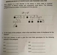 MENDELIAN MODE OF INHERITANCE AND PEDIGREE ANALYSIS
1.
Dent disease is a rare disorder of the kidney in which there is impaired
reabsorption of filtered solutes and progressive renal failure. The following
pedigree shows the pattern of inheritance for this disorder.
a. On the basis of this pedigree, what is the most likely mode of inheritance for the
disease?
b. From your answer to part a, give the most likely genotypes for the following
persons in the pedigree:
1-1:
1-2:
Il-5:
Il-8:
III-1:
III-3:
IV-2:
IV-1:
