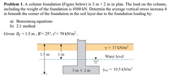 Problem 1. A column foundation (Figure below) is 3 m × 2 m in plan. The load on the column,
including the weight of the foundation is 4500 kN. Determin the average vertical stress increase 4
m beneath the corner of the foundation in the soil layer due to the foundation loading by:
a) Boussinesq equations
b) 2:1 method
Given: Df = 1.5 m, Ø'= 25°, c'= 70 kN/m².
1.5 m 1 m
3m x 2m
y = 17 kN/m³
Water level
Ysat 19.5 kN/m³