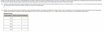Lindsay is 25 years old and has a new job in web development. She wants to make sure that she is financially sound in 30 years, so she plans to invest the same amount into a retirement account at the end of every year for
the next 30 years. Note that because Lindsay invests at the end of the year, there is no interest earned on the contribution for the year in which she contributes.
(a) Construct a data table that will show Lindsay the balance of her retirement account for various levels of annual investment and return. If Lindsay invests $14,000 at a return of 11% how much will she have (in dollars) in
her retirement account at the end of 30 years. (Round your answer to the nearest dollar.)
$
(b) Develop the two-way table for annual investment amounts of $5,000 to $20,000 in increments of $1,000 and for returns of 0% to 12% in increments of 1%. Using the table, what are the minimum annual investments
Lindsay must contribute (in dollars) for annual rates ranging from 7% to 11% to accrue a final value of $1,500,000 after 30 years. (Round your answers up to the nearest thousand dollars.)
Quantity Ordered
Annual Return Minimum Annual Investment
7%
8%
9%
10%
11%
LA
tA
LA