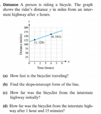 . Distance A person is riding a bicycle. The graph
shows the rider's distance y in miles from an inter-
state highway after x hours.
200
175
150
(4, 161)
125
(1, 128)
100
75
50
25
O1 23 4 56
Time (hours)
(a) How fast is the bicyclist traveling?
(b) Find the slope-intercept form of the line.
(c) How far was the bicyclist from the interstate
highway initially?
(d) How far was the bicyclist from the interstate high-
way after I hour and 15 minutes?
Distance (miles)
