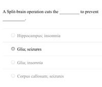 A Split-brain operation cuts the
to prevent
Hippocampus; insomnia
Glia; seizures
O Glia; insomnia
Corpus callosum; seizures
