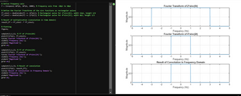 we/untitled.m
% Define frequency axis
f = linspace(-10*pi, 10*pi, 1000); % Frequency axis from -10pi to 10pi
% Define the Fourier Transforms of the sinc functions as rectangular pulses
FT_sinc1 = double(abs(f) <= (6*pi)); % Rectangular pulse for 2*sinc(6t), width 12pi, height 1/6
FT_sinc2 = double(abs(f) <= (2*pi)); % Rectangular pulse for 4*sinc(2t), width 4pi, height 1/2
% Result of multiplication (convolution in time domain)
result_FT = FT_sinc1 .* FT_sinc2;
% Plotting
figure;
subplot(3,1,1); % FT of 2*sinc(6t)
plot(f/(2*pi), FT_sinc1);
title('Fourier Transform of 2*sinc(6t)');
xlabel('Frequency (Hz)');
ylabel('Magnitude');
grid on;
subplot(3,1,2); % FT of 4*sinc(2t)
plot(f/(2*pi), FT_sinc2);
title('Fourier Transform of 4*sinc(2t)');
xlabel('Frequency (Hz)');
ylabel('Magnitude');
grid on;
subplot(3,1,3); % Result of convolution
plot(f/(2*pi), result_FT);
title('Result of Convolution in Frequency Domain');
xlabel('Frequency (Hz)');
ylabel('Magnitude');
grid on;
d Window.
Magnitude
Magnitude
0.5
Magnitude
0.5
Fourier Transform of 2*sinc(6t)
0
-3
-2
-1
-4
-3
-2
0
Frequency (Hz)
Fourier Transform of 4*sinc(2t)
0
Frequency (Hz)
Result of Convolution in Frequency Domain
2
3
5
2
3
4
5
-5
-3
-2
-1
0
2
3
4
5
Frequency (Hz)