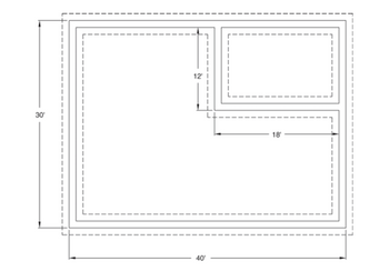 The image depicts a floor plan with dimensions provided. 

- The overall outer rectangle measures 40 feet in width and 30 feet in height.
- Inside this larger rectangle, there is a smaller rectangular section located in the upper right corner.
- This smaller rectangle has its bottom edge positioned 18 feet from the left side of the larger rectangle.
- Additionally, the left edge of the smaller rectangle is positioned 12 feet from the top of the larger rectangle.

The floor plan consists of dashed lines indicating the boundaries of both the larger and smaller rectangles, providing a clear visual representation of their placement and dimensions within the space.