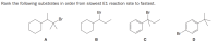 Rank the following substrates in order from slowest E1 reaction rate to fastest.
Br
Br
Br
Br
A
B
