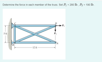 Determine the force in each member of the truss. Set P₁ = 280 lb, P2 = 190 lb.
5 ft
B
12 ft