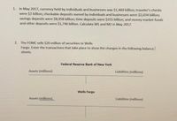 1. In May 2017, currency held by individuals and businesses was $1,469 billion; traveler's checks
were $2 billion; checkable deposits owned by individuals and businesses were $2,034 billion;
savings deposits were $8,958 billion; time deposits were $355 billion; and money market funds
and other deposits were $1,746 billion. Calculate M1 and M2 in May 2017.
2. The FOMC sells $20 million of securities to Wells
Fargo. Enter the transactions that take place to show the changes in the following balance
sheets.
Federal Reserve Bank of New York
Assets (millions)
Liabilities (millions)
Wells Fargo
Assets (millions)
Liabilities (millions)