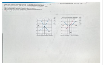 The let graph shows the world market for wheat. The right graph shows the cost curves and the marginal revenue curve of an individual wheat farmer at the initial long-run equilibrium
The world population increases. In the left graph, draw the new demand curve. Label it
Draw the market supply curve that returns the wheat market to its long-run equilibrium. Label it
Draw a point to show the new long-run equilibrium price and quantity
In the right graph, draw a point to show the firm's price and quantity in the long run
>>>Draw only the objects specified in the question
16
124
Price (dollars per bushel)
10
P₁
05 10 15 20 25 30 35 40
Quantity (bons of bushels per year)
C
Price and cost (dollars per bushel)
20
MC
10
ATC
124
M
10
MAR
200
650 100 150 200 250 300 350 400
Quantity (thousands of bushels per year)
0
a
3