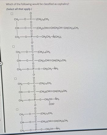 ### Question: 
Which of the following would be classified as cephalins? 
(Select all that apply.)

### Answer Options:

1. 
   - Structural Formula:
     - CH₂ -- O -- C(O) -- (CH₂)₁₆CH₃
     - CH₂ -- O -- C(O) -- (CH₂)₇CH=CHCH₂CH=CH(CH₂)₄CH₃
     - CH₂ -- O -- P(O³⁻) -- O -- CH₂CH₂ -- N⁺(CH₃)₃

2. 
   - Structural Formula:
     - CH₂ -- O -- C(O) -- (CH₂)₁₄CH₃
     - CH₂ -- O -- C(O) -- (CH₂)₇CH=CH(CH₂)₇CH₃
     - CH₂ -- O -- P(O) -- O -- CH₂CH₂ -- NH₃⁺

3. 
   - Structural Formula:
     - CH₂ -- O -- C(O) -- (CH₂)₁₄CH₃
     - CH₂ -- O -- C(O) -- (CH₂)₉CH=CH(CH₂)₅CH₃
     - CH₂ -- O -- P(O) -- O -- CH₂CH₂ -- NH₃⁺ - COO⁻

4. 
   - Structural Formula:
     - CH₂ -- O -- C(O) -- (CH₂)₁₄CH₃
     - CH₂ -- O -- C(O) -- (CH₂)₄CH=CH(CH₂)₂₈CH₃
     - CH₂ -- O -- P(O) -- O -- CH₂CH₂ -- NH₃⁺