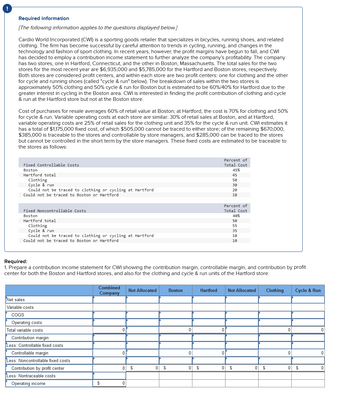!
Required information
[The following information applies to the questions displayed below.]
Cardio World Incorporated (CWI) is a sporting goods retailer that specializes in bicycles, running shoes, and related
clothing. The firm has become successful by careful attention to trends in cycling, running, and changes in the
technology and fashion of sport clothing. In recent years, however, the profit margins have begun to fall, and CWI
has decided to employ a contribution income statement to further analyze the company's profitability. The company
has two stores, one in Hartford, Connecticut, and the other in Boston, Massachusetts. The total sales for the two
stores for the most recent year are $6,935,000 and $5,785,000 for the Hartford and Boston stores, respectively.
Both stores are considered profit centers, and within each store are two profit centers: one for clothing and the other
for cycle and running shoes (called "cycle & run" below). The breakdown of sales within the two stores is
approximately 50% clothing and 50% cycle & run for Boston but is estimated to be 60%/40% for Hartford due to the
greater interest in cycling in the Boston area. CWI is interested in finding the profit contribution of clothing and cycle
& run at the Hartford store but not at the Boston store.
Cost of purchases for resale averages 60% of retail value at Boston; at Hartford, the cost is 70% for clothing and 50%
for cycle & run. Variable operating costs at each store are similar: 30% of retail sales at Boston, and at Hartford,
variable operating costs are 25% of retail sales for the clothing unit and 35% for the cycle & run unit. CWI estimates it
has a total of $1,175,000 fixed cost, of which $505,000 cannot be traced to either store; of the remaining $670,000,
$385,000 is traceable to the stores and controllable by store managers, and $285,000 can be traced to the stores
but cannot be controlled in the short term by the store managers. These fixed costs are estimated to be traceable to
the stores as follows:
Fixed Controllable Costs
Boston
Hartford total
Clothing
Cycle & run
Could not be traced to clothing or cycling at Hartford
Could not be traced to Boston or Hartford
Fixed Noncontrollable Costs
Boston
Hartford total
Clothing
Cycle & run
Could not be traced to clothing or cycling at Hartford
Could not be traced to Boston or Hartford
Net sales
Variable costs
COGS
Operating costs
Total variable costs
Contribution margin
Less: Controllable fixed costs
Controllable margin
Required:
1. Prepare a contribution income statement for CWI showing the contribution margin, controllable margin, and contribution by profit
center for both the Boston and Hartford stores, and also for the clothing and cycle & run units of the Hartford store.
Less: Noncontrollable fixed costs
Contribution by profit center
Less: Nontraceable costs
Operating income
Combined
Company
$
0
0
Not Allocated
0 $
0
0
$
Boston
0
0
0 $
Percent of
Total Cost
45%
45
50
30
20
10
Hartford
Percent of
Total Cost
0
0
40%
50
55
35
10
10
Not Allocated
0 $
0
$
Clothing
0
0
Cycle & Run
0 $
0
0
0