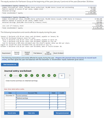 The equity sections for Fairhaven Group at the beginning of the year (January 1) and end of the year (December 31) follow.
Stockholders' Equity (January 1)
Common stock-$10 par value, 130,000 shares authorized, 50,000 shares issued and outstanding
Paid-in capital in excess of par value, common stock
Retained earnings
Total stockholders' equity
Stockholders' Equity (December 31)
Common stock-$10 par value, 130,000 shares authorized, 58,010 shares issued, 5,500 shares in treasury
Paid-in capital in excess of par value, common stock
Retained earnings ($110,000 restricted by treasury stock)
Less cost of treasury stock
Total stockholders' equity
The following transactions and events affected its equity during the year.
January 5 Declared a $1.20 per share cash dividend,
March 20 Purchased treasury stock for cash.
payable on January 10.
April 5 Declared a $1.20 per share cash dividend,
payable on April 10.
July 5 Declared a $1.20 per share cash dividend, payable on July 10.
July 31 Declared a 18 % stock dividend when the stock's market value was $22 per share.
August 14 Issued the stock dividend that was declared on July 31.
October 5 Declared a $1.20 per share cash dividend, date of record October 10.
Requirement
General
Journal
View transaction list
<
Journal entry worksheet
General
Ledger
Note: Enter debits before credits.
Date
December 31
The following transactions and events affected its equity during the year. Prepare the journal entry necessary to record each
event, and then agree the year-end balances with the December 31 Stockholders' Equity statement given above.
Close income summary to retained earnings.
Record entry
Trial Balance
Income summary
Retained earnings
8
Account Title
Clear entry
Cash
Dividends
Stock Dividend
10
11
Debit
12
Credit
$ 500,000
75,000
410,000
$ 985,000
View general journal
$ 580,100
171, 120
740,000
1,491,220
(110,000)
$ 1,381,220