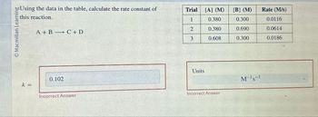 Using the data in the table, calculate the rate constant of
this reaction.
Macmillan Learning
A+B C+D
Trial
[A] (M)
[B] (M)
Rate (M/s)
1
0.380
0.300
0.0116
2
0.380
0.690
0.0614
3
0.608
0.300
0.0186
Units
0.102
M's
k=
Incorrect Answer
Incorrect Answer