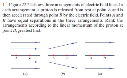 1 Figure 22-22 shows three arrangements of electric field lines. In
each arrangement, a proton is released from rest at point A and is
then accelerated through point B by the electric field. Points A and
B have equal separations in the three arrangements. Rank the
arrangements according to the linear momentum of the proton at
point B, greatest first.
(a)
(b)
(c)
