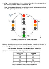 1.1 Design a circuit for the traffic light unit in Multisim. The design should include 3 positive
edge triggered D flip-flops. Set your clock signal to 1Hz.
Please include Four screenshots of your working circuit, with each screenshot showing
each of the light configurations shown in Figure 1.
000
100
010
110
001
Figure 1. A state diagram for a traffic light control
The design should include 3 positive edge triggered D flip-flops. Use 1 flip-flop to control the
on and off of a given light, and the state machine should switch from
Red (100) -> Red and Amber (110) - > Green (001) -> Amber (010)
and repeat the cycle again, with the following transition table:
Current state
Next state
000
100
100
110
110
001
001
010
010
100
ABC
A*B*C*
Table 1. A transition table for the traffic light unit
