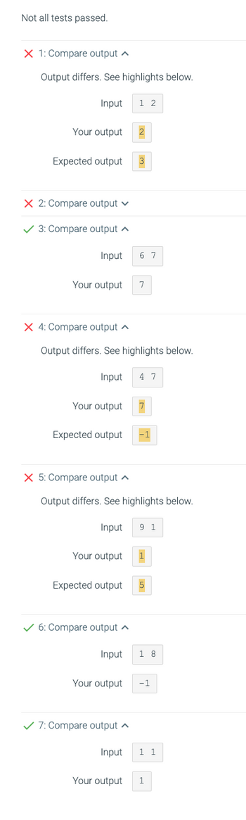 Not all tests passed.
X 1: Compare output
Output differs. See highlights below.
Input 1 2
Your output
Expected output
X 2: Compare output ✓
✓ 3: Compare output
Input
Your output
X 4: Compare output
Your output
Output differs. See highlights below.
Input 4 7
X 5: Compare output
Expected output -1
Input
Output differs. See highlights below.
Your output
6 7
Expected output
7
✓ 6: Compare output
✓ 7: Compare output
9 1
Input 18
Your output -1
Input 1 1
Your output 1