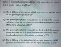 What is the mechanism for addition of a guanosine to create
the 5' methyl cap of a mRNA?
O The 5'-OH end of the nascent mRNA performs a nucleophilic attack
on the gamma phosphate of GTP
O The gamma phosphate is removed from the 3' end of the nascent
MRNA and then the beta-phosphate attacks the phosphorus atom
of the alpha- phosphate of GTP
O The gamma phosphate is removed from the 5' end of the nascent
mRNA and then the -OH group from the beta-phosphate attacks
the phosphorus atom of the alpha- phosphate of GTP
O The 5'-OH end of the beta phosphate present on nascent mRNA
performs a nucleophilic attack on the alpha-phosphate of GTP
