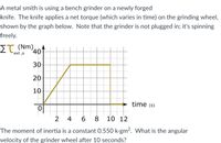 A metal smith is using a bench grinder on a newly forged
knife. The knife applies a net torque (which varies in time) on the grinding wheel,
shown by the graph below. Note that the grinder is not plugged in; it's spinning
freely.
ET (Nm)nt
401
ext ,0
30
20
10
time (s)
2
4 6
8
10 12
The moment of inertia is a constant 0.550 k-gm2. What is the angular
velocity of the grinder wheel after 10 seconds?
