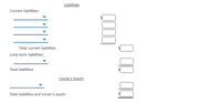 Liabilities
Current liabilities:
Total current liabilities
Long-term liabilities:
Total liabilities
Owner's Equity.
Total liabilities and owner's equity
