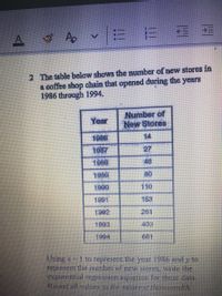 ý Ao v =
2 The table below shows the number of new stores in
a coffee shop chain that opened during the years
1986 through 1994.
Number of
New Stores
Year
14
1986
1087
27
1900
46
1989
80
1990
110
1991
153
1902
261
1993
403
1994
601
Using x
represent the number of new stores, write the
exponential regression equation for these data.
Round ell values to the nearest thousandth
I to represent the year 1986 and y to
