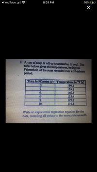 1 YouTube .l
8:31 PM
10%
1 A cup of soup is left on a countertop to cool. The
table below gives the temperatures, in degrees
Fahrenheit, of the soup recorded over a 10-minute
period.
Time in Minutes (x) Temperature in °F (9)
180.2
165.8
146.3
135.4
127.7
110.5
4
8.
10
Write an exponential regression equation for the
data, rounding all values to the nearest thousandth.
