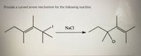 ### Reaction Mechanism: Substitution Reaction with NaCl

#### Reaction Overview
This image depicts a substitution reaction where an iodide group on an alkene is replaced by a chloride group from NaCl.

#### Reactants and Products
- **Reactant:** An alkene with an iodine substituent.
- **Reagent:** Sodium chloride (NaCl).
- **Product:** An alkene with a chloride substituent in place of the iodine.

#### Reaction Description
- **Starting Material:** The reactant is an alkene structure where a single iodine atom (I) is attached to the molecule.
- **Reagent Involved:** Sodium chloride (NaCl) is used in the reaction, where the chloride ion will participate in the substitution.
- **Product Formation:** The iodide group is replaced by the chloride ion (Cl), resulting in the formation of a new alkyl chloride product.

#### Mechanism
The reaction proceeds through a typical nucleophilic substitution mechanism:
1. The chloride ion (Cl⁻) from NaCl acts as a nucleophile.
2. The iodine atom leaves the molecule as iodide (I⁻), facilitated by the presence of NaCl.
3. The chloride ion replaces the position previously occupied by iodine, forming the new alkyl chloride product. 

The reaction involves the breaking of the C-I bond and the formation of a C-Cl bond.

This type of reaction exemplifies a common method for interchanging halogen atoms in organic molecules, useful in organic synthesis and modifications.