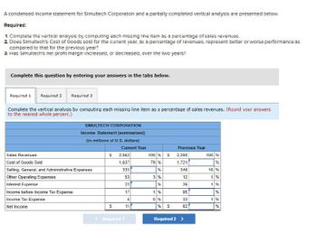 A condensed Income statement for Simultech Corporation and a partially completed vertical analysis are presented below.
Required:
1. Complete the vertical analysis by computing each missing line item as a percentage of sales revenues.
2. Does Simultech's Cost of Goods sold for the current year, as a percentage of revenues, represent better or worse performance as
compared to that for the previous year?
3. Has Simultech's net profit margin increased, or decreased, over the two years?
Complete this question by entering your answers in the tabs below.
Required 1 Required 2 Required 2
Complete the vertical analysis by computing each missing line item as a percentage of sales revenues. (Round your answers
to the nearest whole percent.)
SIMULTECH CORPORATION
Income Statement (summarized)
(in millions of U.S. dollars)
Current Year
Sales Revenues
Cost of Goods Sold
Selling, General, and Administrative Expenses
Other Operating Expenses
Interest Expense
Income before Income Tax Expense
Income Tax Expense
Net Income
S
S
2,062
1,637
333
53
22
17
6
11
< Required 1
100 %
se se
79 %
3%
%
1%
0%
%
$
S
Previous Year
2,200
1,721
346
12
26
95
33
62
Required 2 >
100 %
%
16 %
1%
1%
%
1%
%