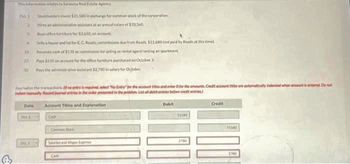 B
01.1
2
3
Buys office furniture for $3.650, on account
Sells a house and lot for E.C. Raadscommissions due from Roads $11.680 (not paid by Roads at this timel
10
Receives cash of $135 a commission for acting as rental agent renting an apartment
27 Pwys $610 on account for the office furniture purchased on October 3
30 Pays the dinistrative and $2.700 in salary for October
Date
relates to Sarasota Real Estate Agency
Stockholders invest $31.580 in exchange
Hires an administrative assistant at an annual salary of $33,360.
Journalize the transactions the entry is med select "No Entry for the account titles and enter Ofor the amounts Credit account titles are out
indent manually Record journal entries in the order presented in the problem List oll debit entries before credit entries)
Account Titles and Explanation
Ch
On1
01.2
mon stock of the corporation
Salaris and Wages Expose
Debit
31580
2700
Credit
21300
3700
Do not