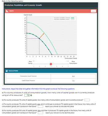 Refer to the Interactive below:
Production Possibilities and Economic Growth
II. GRAPH
M
CALCULATIONS
Capital Goods
DHEHBANGST
17
16
15
14
13
12
11
10
9
8
7
6
5
4
3
2
1
0 1 2
More →
Saving
1
3
Consumption Goods Produced
Capital Goods Produced
4 5
N
Production Possibilities (Present)
Production Possibilities (Future)
6 7 8 9 10 11 12 13 14 15
Consumption Goods
6
7
More
Consumption
4.0
7.5
Reset
Instructions: Adjust the slider and gather Information from the graph to answer the following questions.
a) If a country produces 4 units of consumption goods, how many units of capital goods can it currently produce
using all of its resources? 7.5 Ⓒ
b) If a country produces 7.5 units of capital goods, how many units of consumption goods can it currently produce?
c) If a country produces 7.5 units of capital goods now, and it continues to produce 7.5 capital goods in the future, how many units of
consumption goods can it produce in the future?
report your answer to one decimal place
d) If a country produces 9.8 units of capital goods now, and then It produces 7.5 capital goods in the future, how many units of
consumption goods can it produce in the future?
report your answer to one decimal place