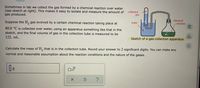 Sometimes in lab we collect the gas formed by a chemical reaction over water
(see sketch at right). This makes it easy to isolate and measure the amount of
gas produced.
collected
gas
Suppose the H, gas evolved by a certain chemical reaction taking place at
chemical
reaction
water
40.0 °C is collected over water, using an apparatus something like that in the
sketch, and the final volume of gas in the collection tube is measured to be
122. mL.
olo
Sketch of a gas-collection apparatus
Calculate the mass of H, that is in the collection tube. Round your answer to 2 significant digits. You can make any
normal and reasonable assumption about the reaction conditions and the nature of the gases.
