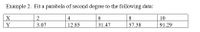 Example 2. Fit a parabola of second degree to the following data:
2
4
6.
8
10
Y
3.07
12.85
31.47
57.38
91.29
