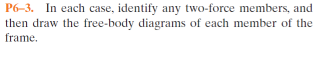 P6-3. In each case, identify any two-force members, and
then draw the free-body diagrams of each member of the
frame.