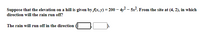 Suppose that the elevation on a hill is given by fx, y) = 200 – 4y2 – 5x. From the site at (4, 2), in which
%3D
direction will the rain run off?
The rain will run off in the direction

