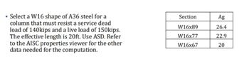 ? Select a W16 shape of A36 steel for a
column that must resist a service dead
load of 140kips and a live load of 150kips.
The effective length is 20ft. Use ASD. Refer
to the AISC properties viewer for the other
data needed for the computation.
Section
W16x89
W16x77
W16x67
Ag
26.4
22.9
20