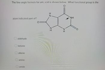 The line-angle formula for uric acid is shown below. What functional group is the
atom indicated part of?
O aldehyde
O ketone
O alkene
O amine
Oamide
IZ
ZI
ZI
NH
O